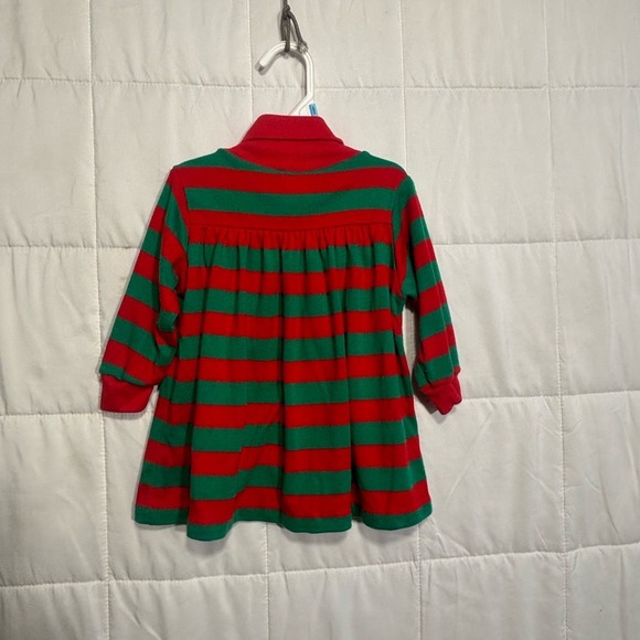 Toddler Vintage Retro Christmas Holiday Tunic Dress Striped Teddy Bear Appliqué - Picture 2 of 6